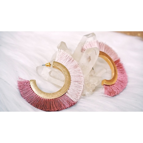 NEW! Pink Two Tone Hoop Tassel Earrings Gold - Picture 5 of 8